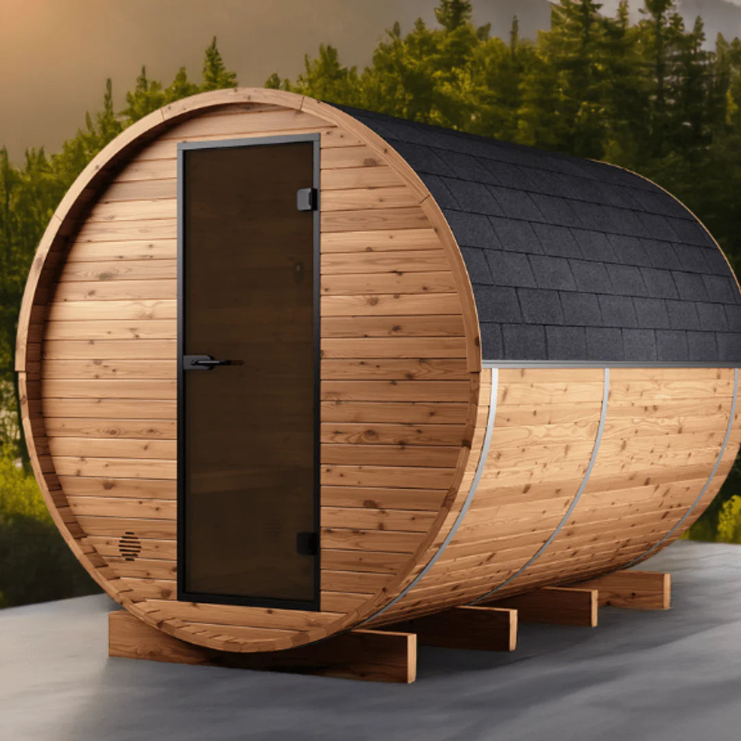 Thermo Wood Barrel Sauna with Window - Regular with Changing Room (4-6 Person)
