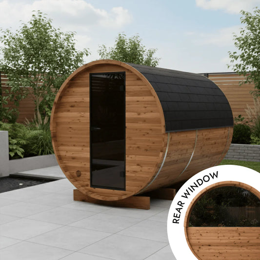 Thermo Wood Barrel Sauna with Window - Regular with Changing Room (4-6 Person)